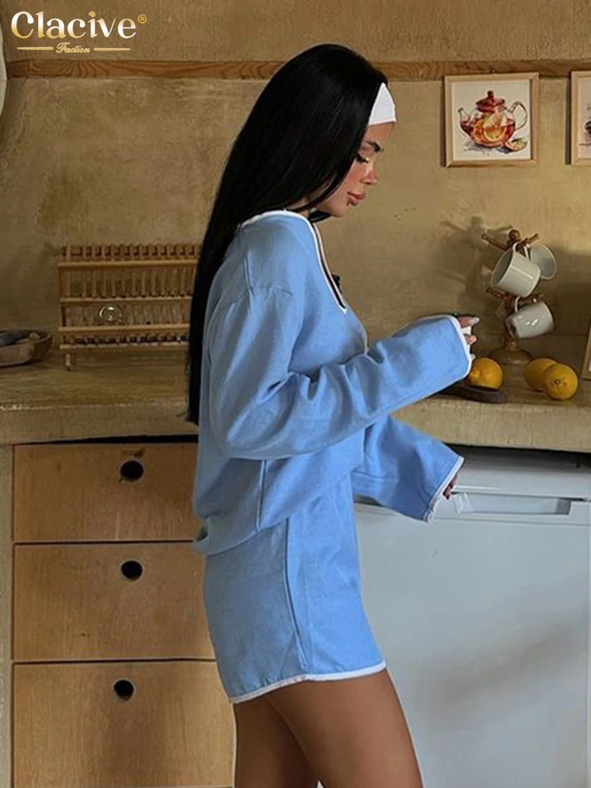 Clacive Fashion Loose Blue Cotton 2 Piece Sets Women Outfit 2024 Elegant Long Sleeve Shirt With High Waist Shorts Set Female