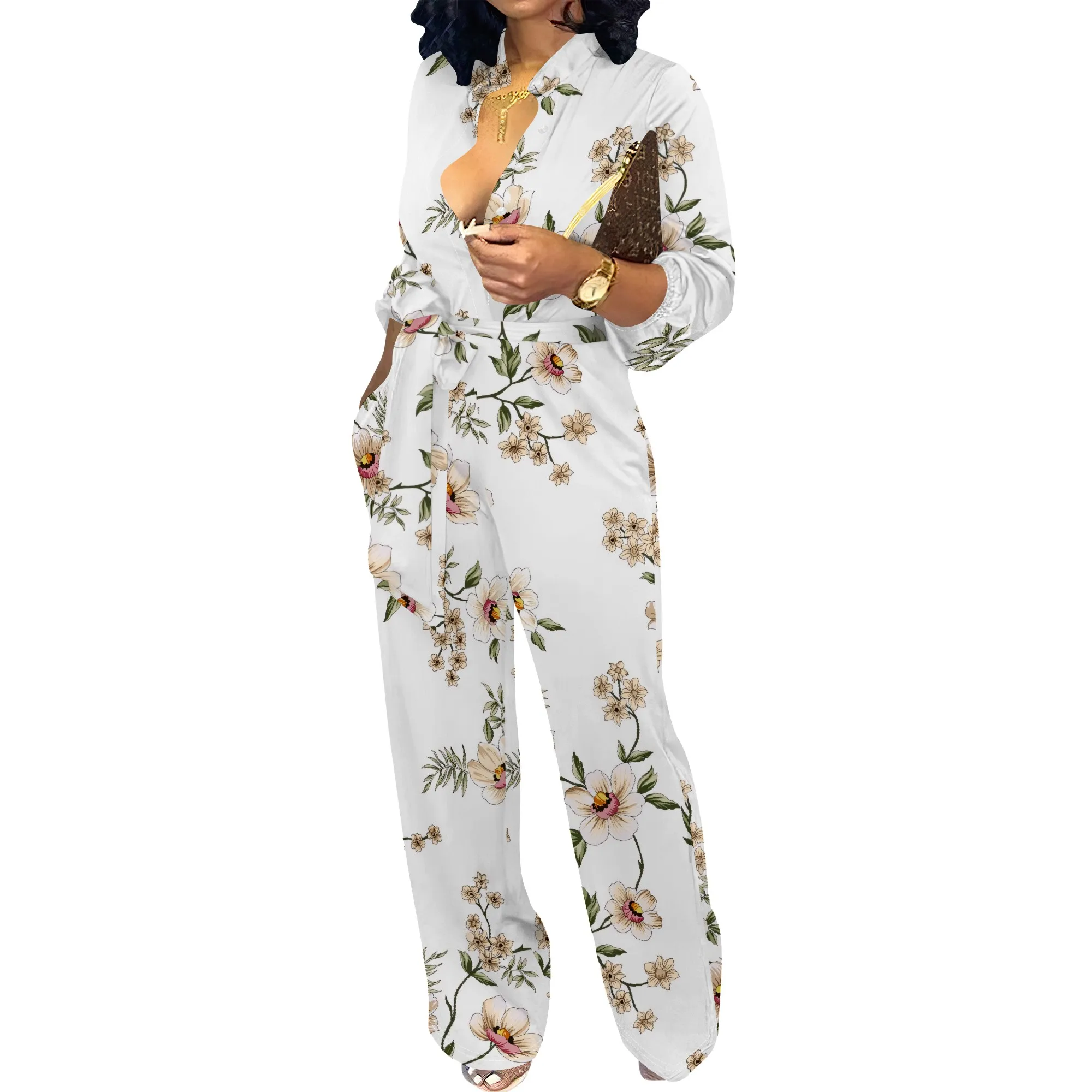 Women’s Long Sleeve Jumpsuit Floral Print Loose Fit Belted Wide Leg One Piece Casual Office Romper