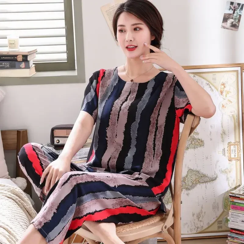 

Cotton Sleepwear Summer Women Big Size Pajamas Sets Short Sleeve Tops Shorts Loungewear Print Homewear Nightwear Loose New