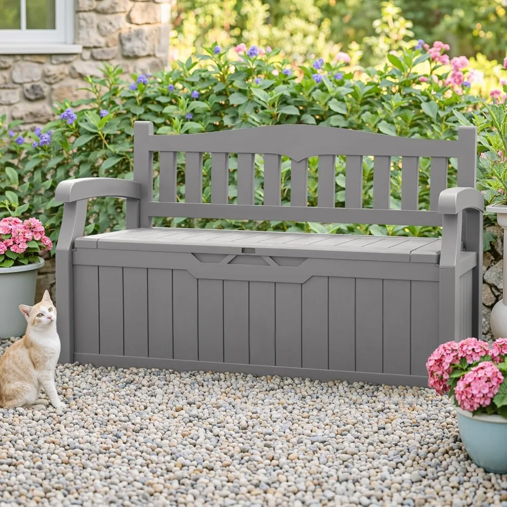 75 Gallon Outdoor Storage Benches Lockable Deck Box with Waterproof and UV Resistant, Waterproof Storage Box