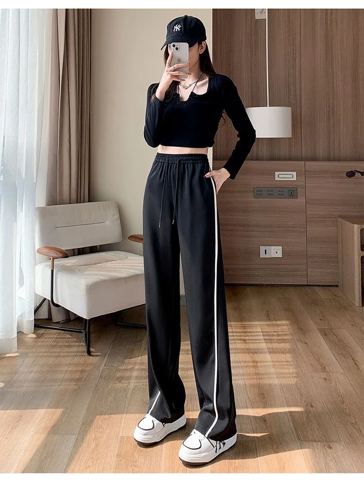 

Тонкие широкие брюки женские осенне-зимние Thiened Fce прямые брюки свободные повседневные спортивные брюки длиной до пола Bla