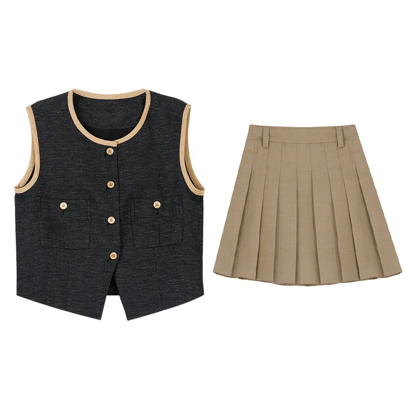 Korea Elegant Two Piece Sleeveless Sets Vintage Office Lady Button Top + A Line Pleated Mini Skirts Suit Retro Summer Outfit New