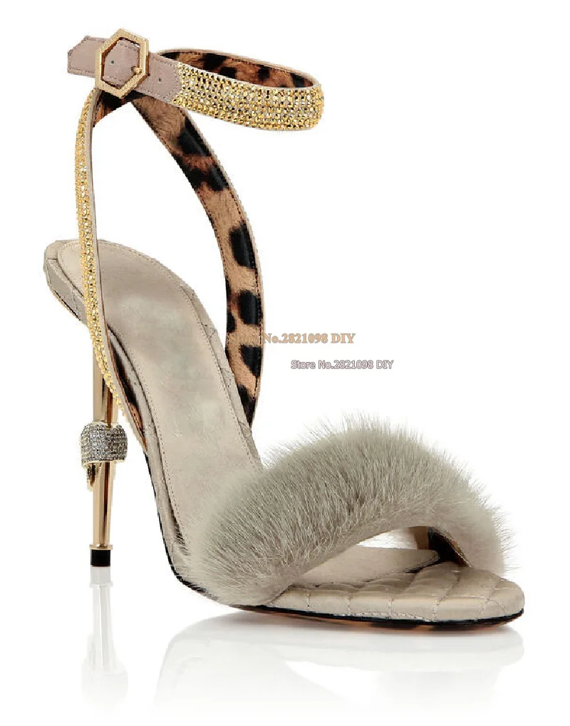 Skull Heel Crystal Embellished Fur Sandals Women Stiletto Heeled Summer Party Shoes Open Toe Thin Heel High Heels