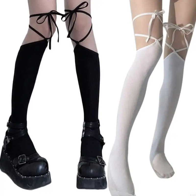 

K1ME Japanese Women Thigh High Socks Harajuku Gothic Criss for Cross Lace-Up Bandage Over Knee Stockings Student