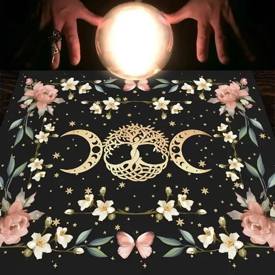 

Triple Moon Tree of Life Altar Cloth Witchy Tarot Tablecloth Mystical Floral Butterfly Table Cover for Divination Meditation