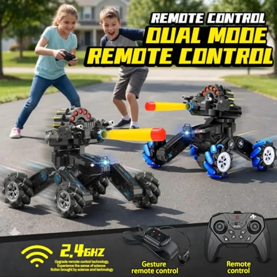 RC Tank Car for indoor/outdoor stunt shows, ABS plastic body, black with red accents, drift capability and hand gesture control