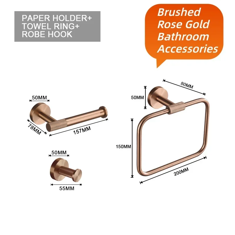 Brushed Rose Gold Stainless Steel Wall-Mounted Bathroom Accessories Set -Towel Stick Toilet Paper Holder Robe Hook Towel Ring