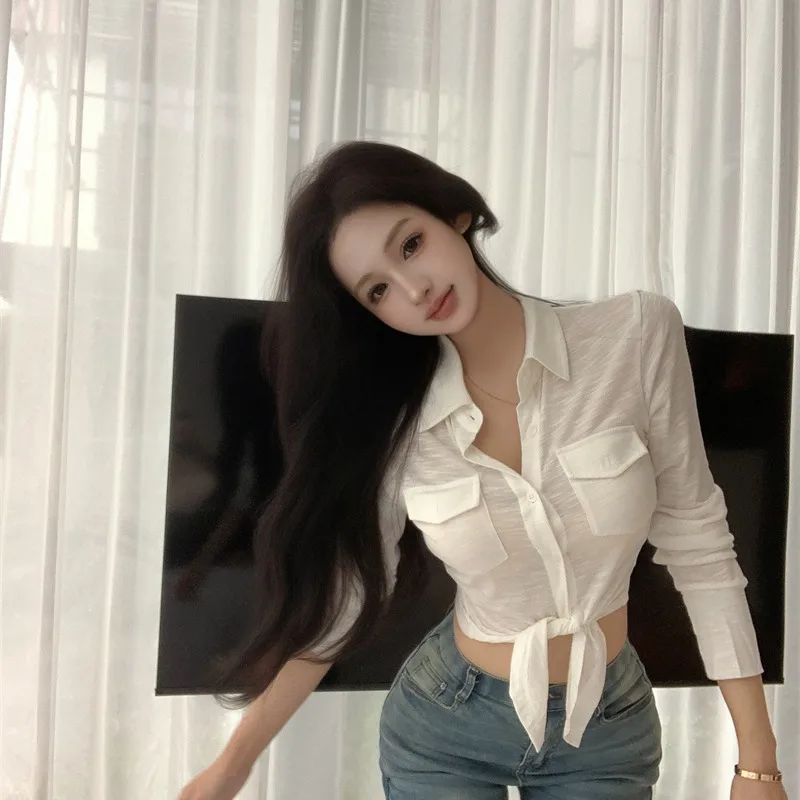 

Slimming Waist Tie irt Women's Faion Spring Autumn New Sle Bamboo Cotton Long Sve Anti-Wrinkle Busin Top