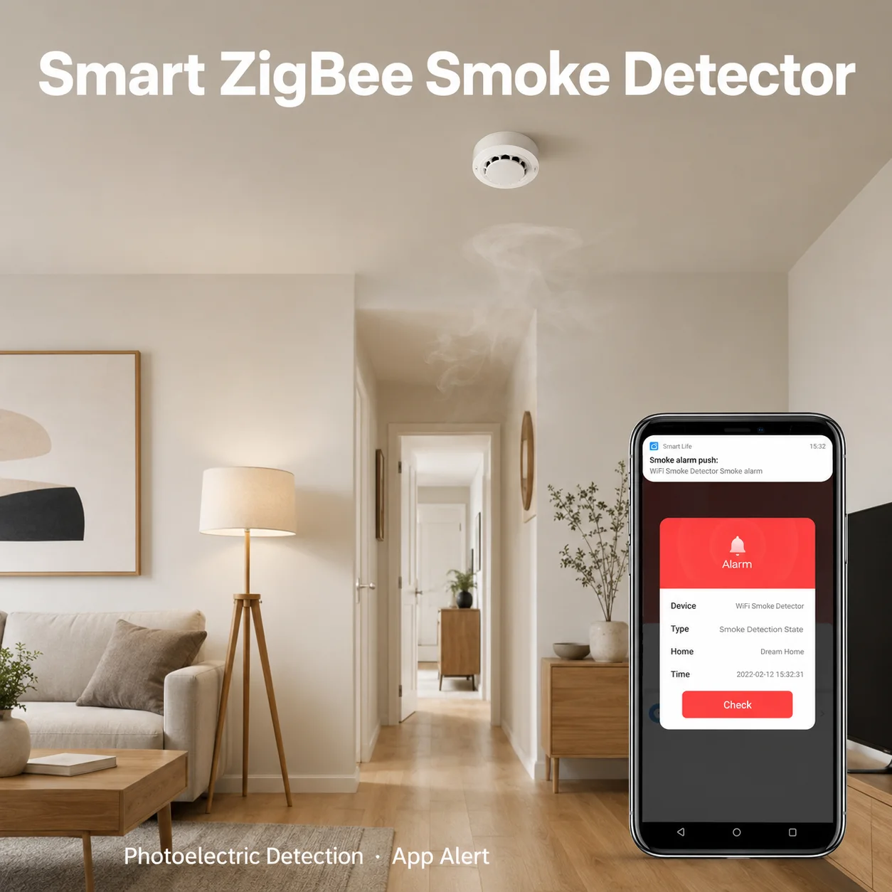 tuya-zigbee煙感知器-光電式煙警報器センサー-90db-アプリアラート-スマートライフ-ホームセキュリティ-zigbeeハブが必要