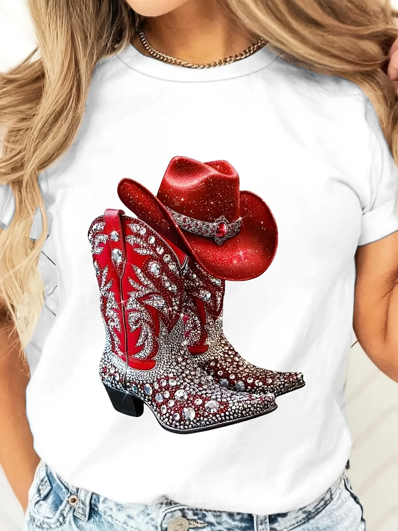 Red Red Glitter Cowboy Hat And Boots Print T-Shirt, Western Country Style Top, Festival Concert Party Wear - Aliexpress Deal