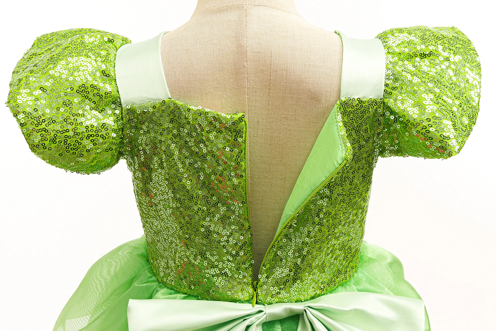 Prinzessin und Frosch Märchenkostüm Mädchen Sommerliches Frisches Grünes Kleid mit Pailletten Flügelärmeln Große Schleife Partykleid Tiana Cosplay Outfit – Detail 5