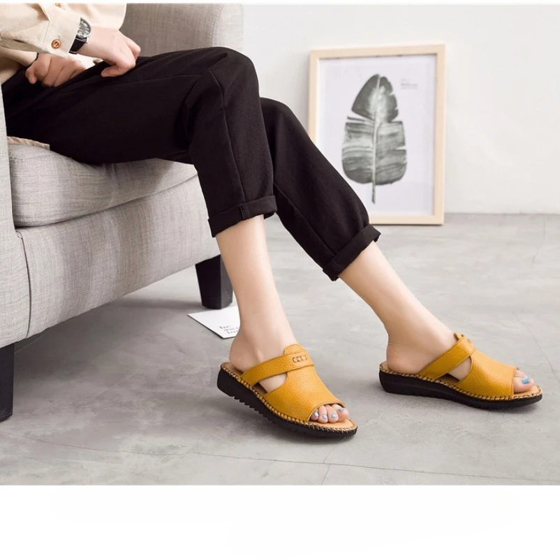 2025 شبشب جلد طبيعي الصيف النساء نعال مسطحة أحذية المفتوحة تو الزهور الشرائح النساء الانزلاق على الصنادل #6