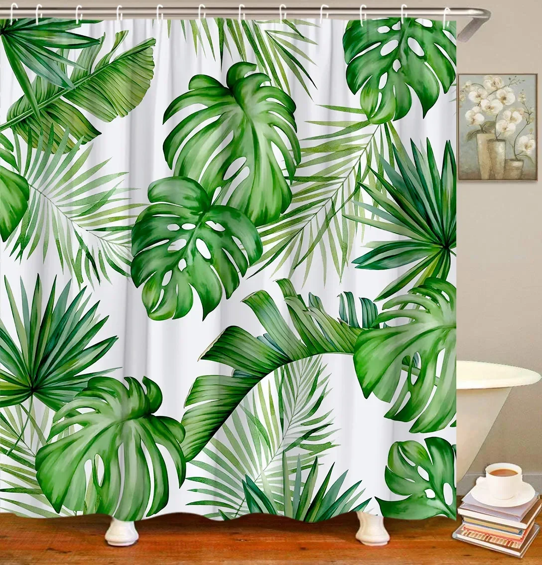 Tropical Plant Shower Curtain Floral Watercolor Green Farm Banana Leaf Nordic Decor Bathroom Polyester Fabric Shower Curtain Set