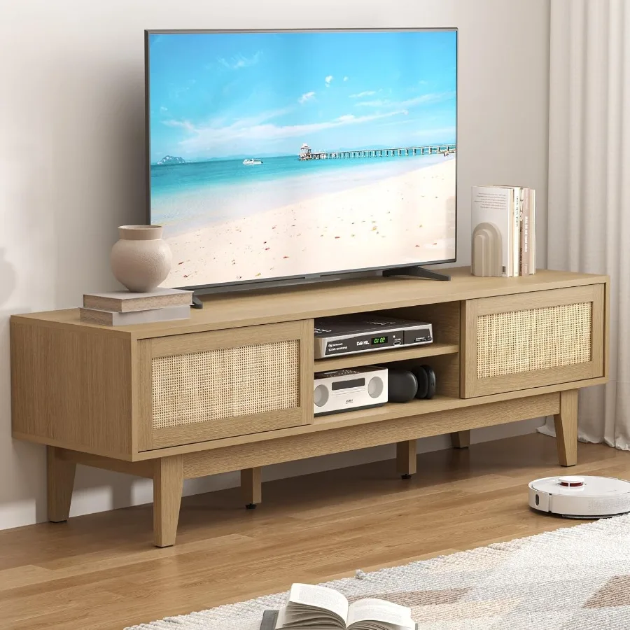 حامل تلفزيون لمركز الترفيه في المزرعة مقاس 65 بوصة مع طاولة وحدة تحكم الوسائط الخشبية لباب الحظيرة المنزلقة باللون الطبيعي من الروطان