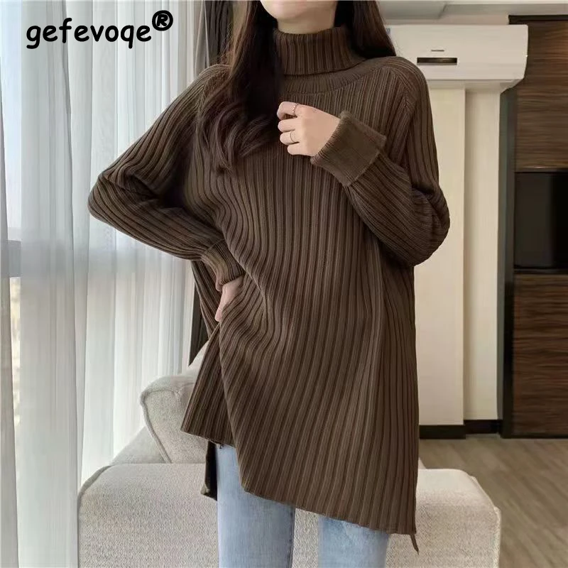 Women Vintage Simple Turtleneck Basic Knitted Sweaters Autumn Winter Trendy Solid Long Sleeve Loose Pullover Tops Casual Jumpers