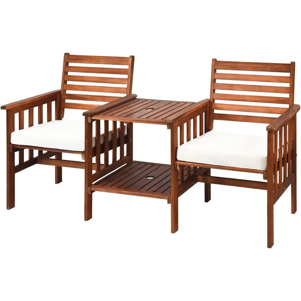 

Acacia Wood Loveseat, 3pcs Outdoor Table Chairs Set, Patio Conversation Set w/Coffee Table and Soft Cushions, 2.1-inch Umbrella