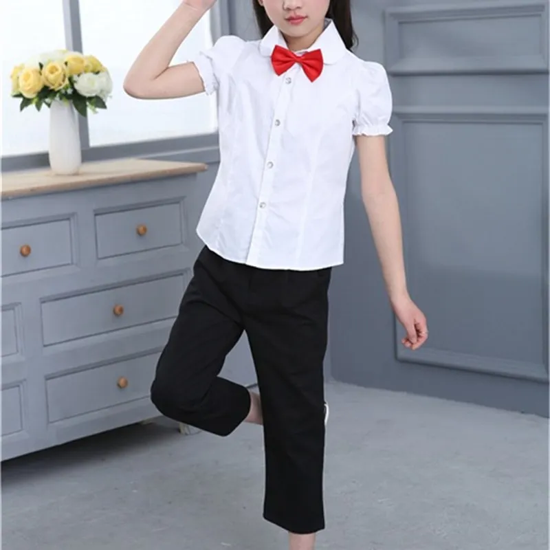 

Pure Cotton Short Sleeve White Shirt for Girls with Lace Collar mid to Large Children School Uniform Children Pure White Blouse