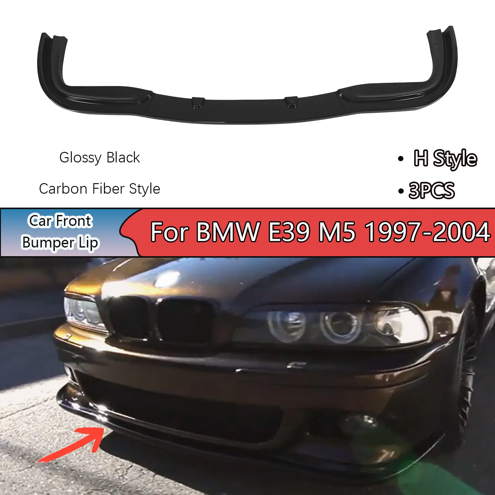 

Для BMW E39 M5 1997-2004 H Style 3 шт. Автомобильный передний бампер для губ Автомобильные аксессуары Глянцевый черный комплект кузова Спойлер Сплиттер АБС-пластик