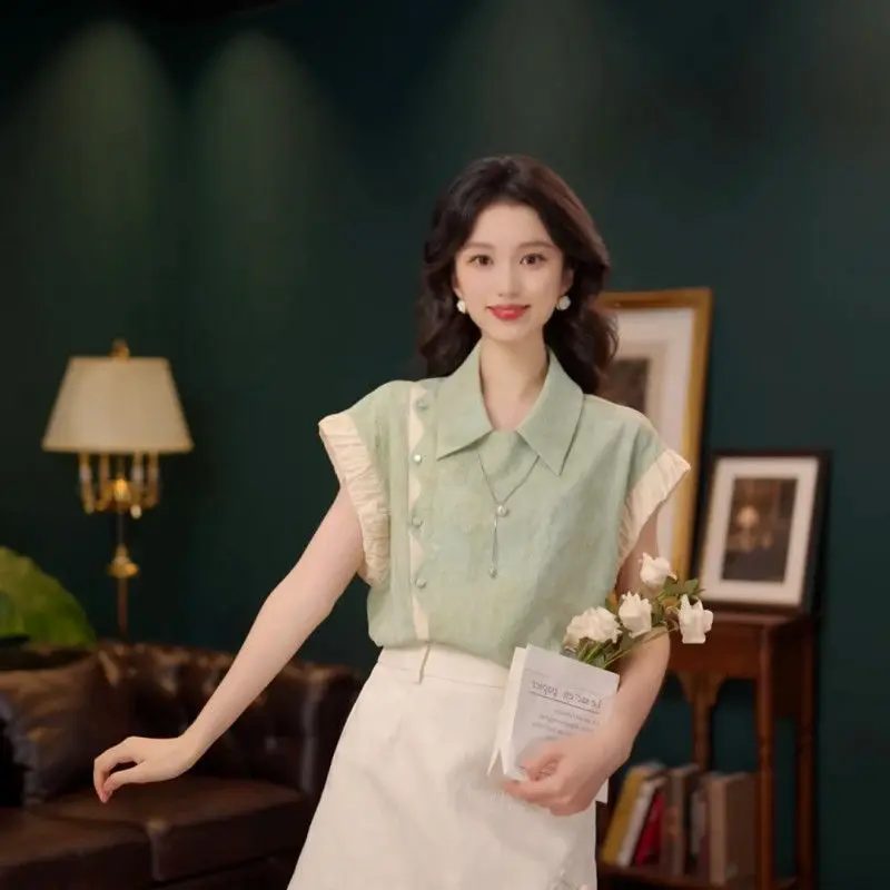 

Chic Hong Kong Style Commute T-Shirt Women's Fashionable Unique Design Sensation Small Shirt Trendy Linen Blend Casual Top