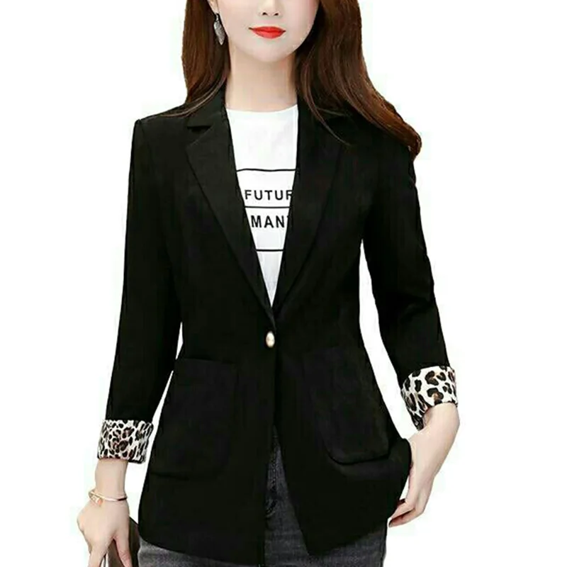 Blazer de leopardo feminino com botão solto, bolsos emendados, tops casuais, blazers de escritório que combinam com tudo, nova moda, outono, 2023