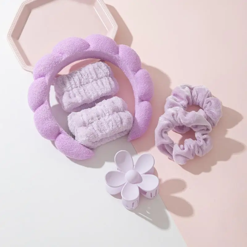4/6-teiliges Plüsch-Hautpflege-Stirnband-Set mit saugfähigen Handgelenkbändern und niedlicher Blumen-Haarklammer für Gesichtsreinigung, Make-up und Hautpflege – Detail 12