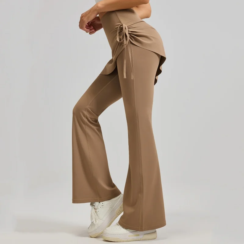 Women's Flared Yoga Pants High Waist Fake Two Piece Drawstring Pleated Wrap Skirt Trouser Tummy Control Running Workout Pants