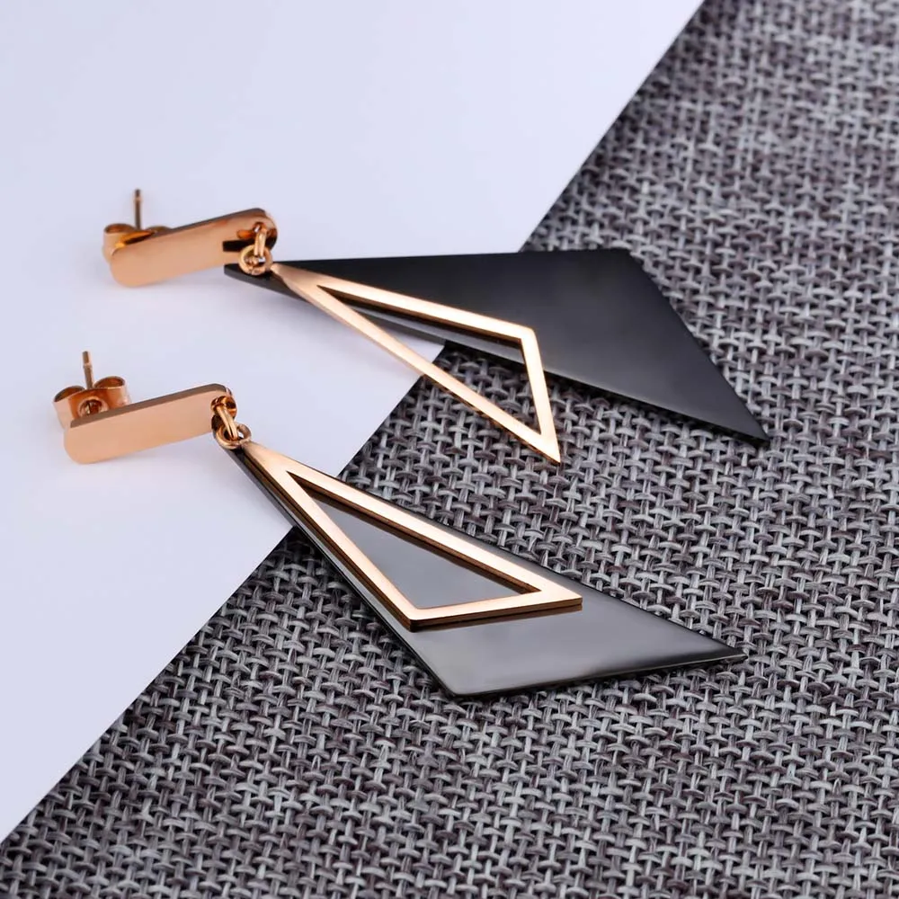 JeeMango Geometrische Schwarze Dreieck Quaste Baumeln Ohrringe Für Frauen Mode Edelstahl Wasserdicht Schmuck JE19209