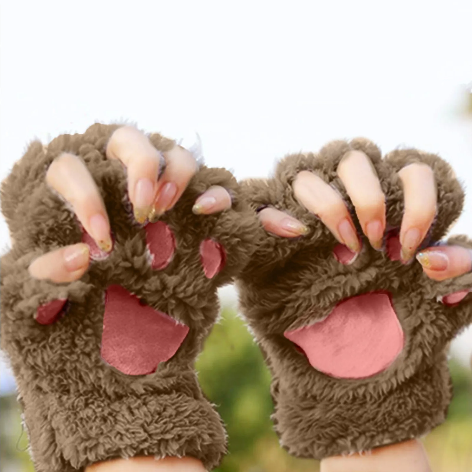 Cat Paw Gloves Winter Cute Cartoon Cat Girl Open Finger Gloves Thickened Fluffy Bear Paw Half Finger Gloves