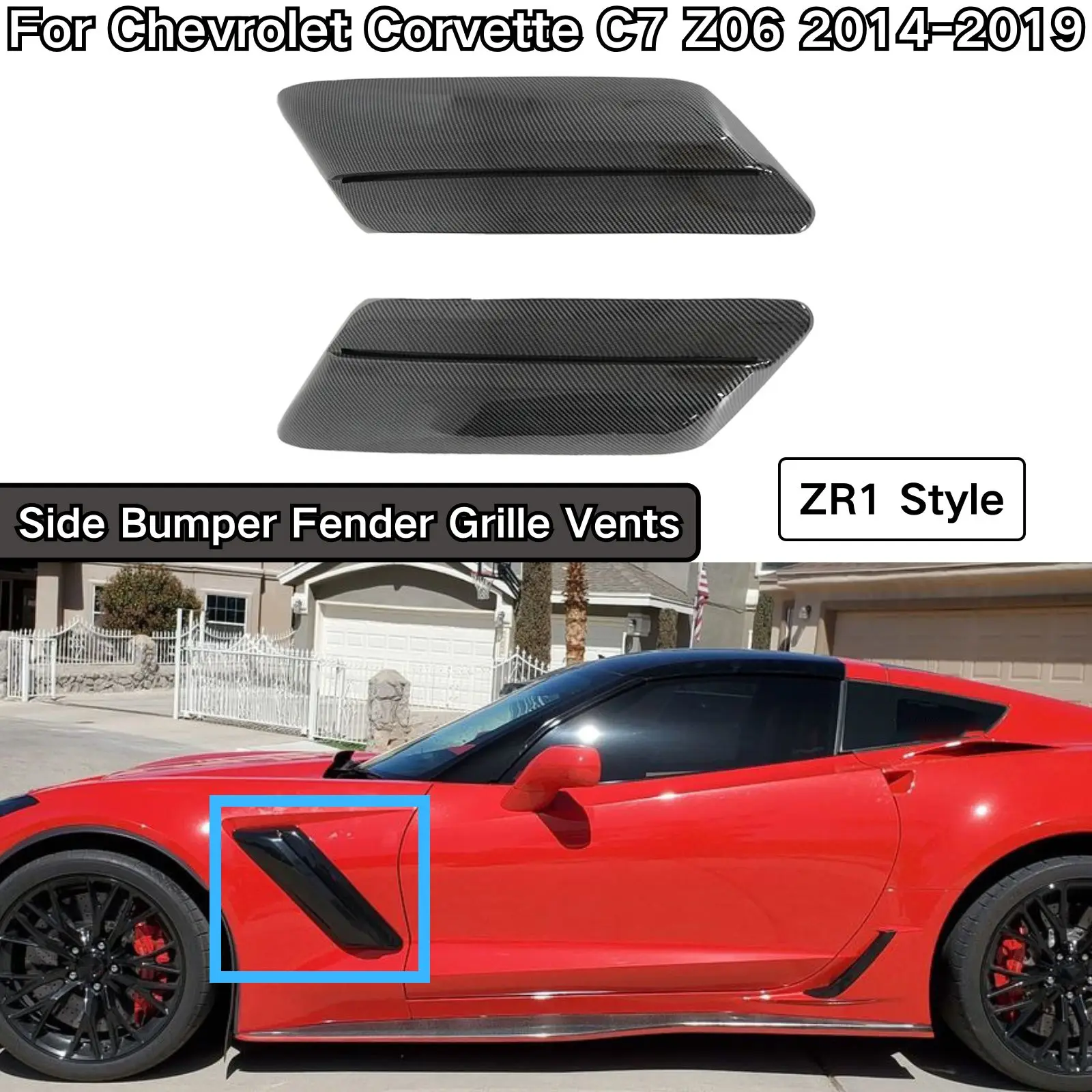 For Chevrolet Corvette C7 Z06 2014-2019 Side Bumper Fender Grille Vents ZR1 Style Matte Black Glossy Black Carbon Fiber Painted