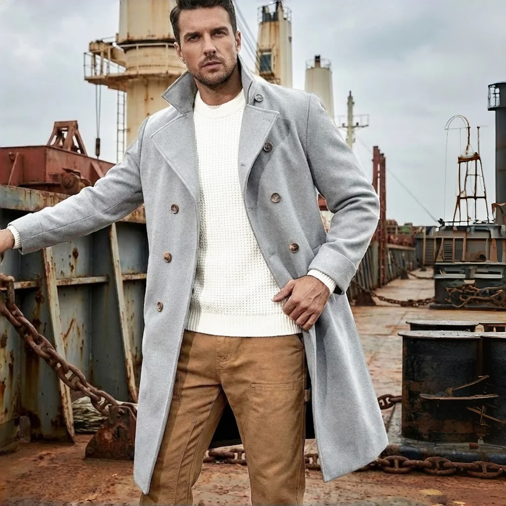 

Мужское классическое двубортное полушерстяное пальто, ветрозащитная теплая длинная куртка для зимних поездок на работу