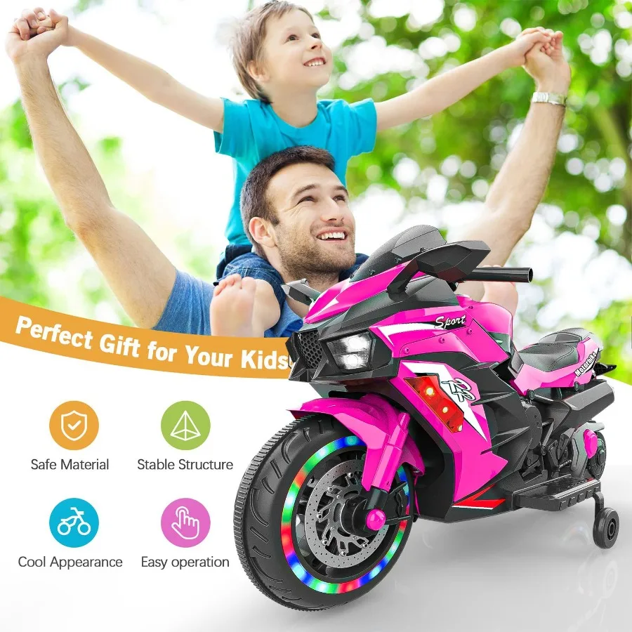 Powered Rideons Toy Motorcycle for 36 Years 12V Electric Ride on Motorcycle with Light Wheel Bluetooth MusicPink