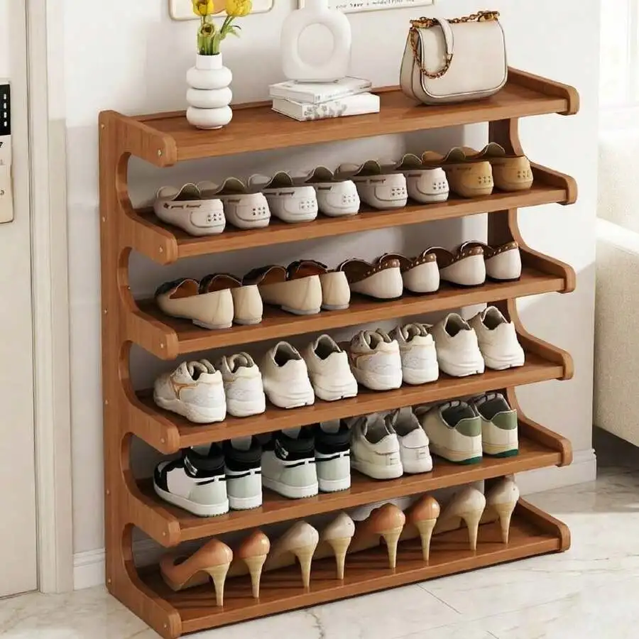 Bamboo Shoe Rack, 5-Tier/6-Tier Narrow Entryway Organizer With Top Shelf For Bags & Decor, Space-Saving Storage For Apartments &