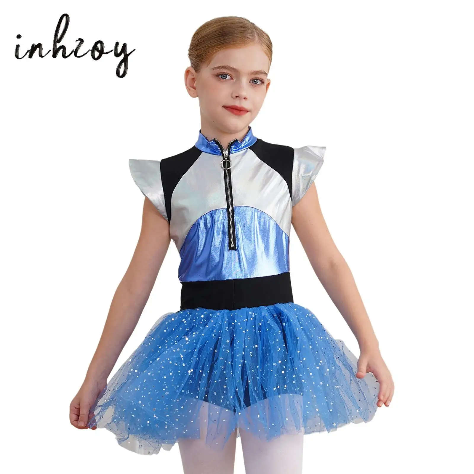 

Girls Halloween Alien Robot Cosplay Costume Metallic Spangles Bodysuit Bright Mesh Tulle Tutu Ballet Dress Leotard Dancewear