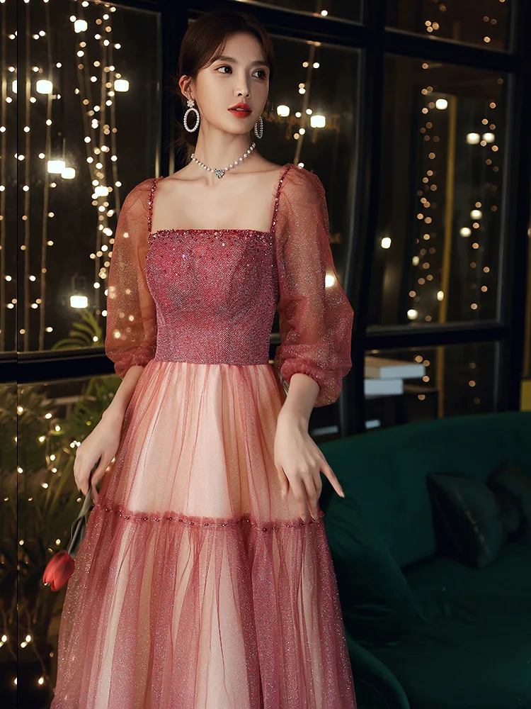 

Burgundy Tulle Prom Gown Women Square Neck Three Quarter Sleeve Sequin Evening Dresses Elegent Classic Applique Cocktail Dress