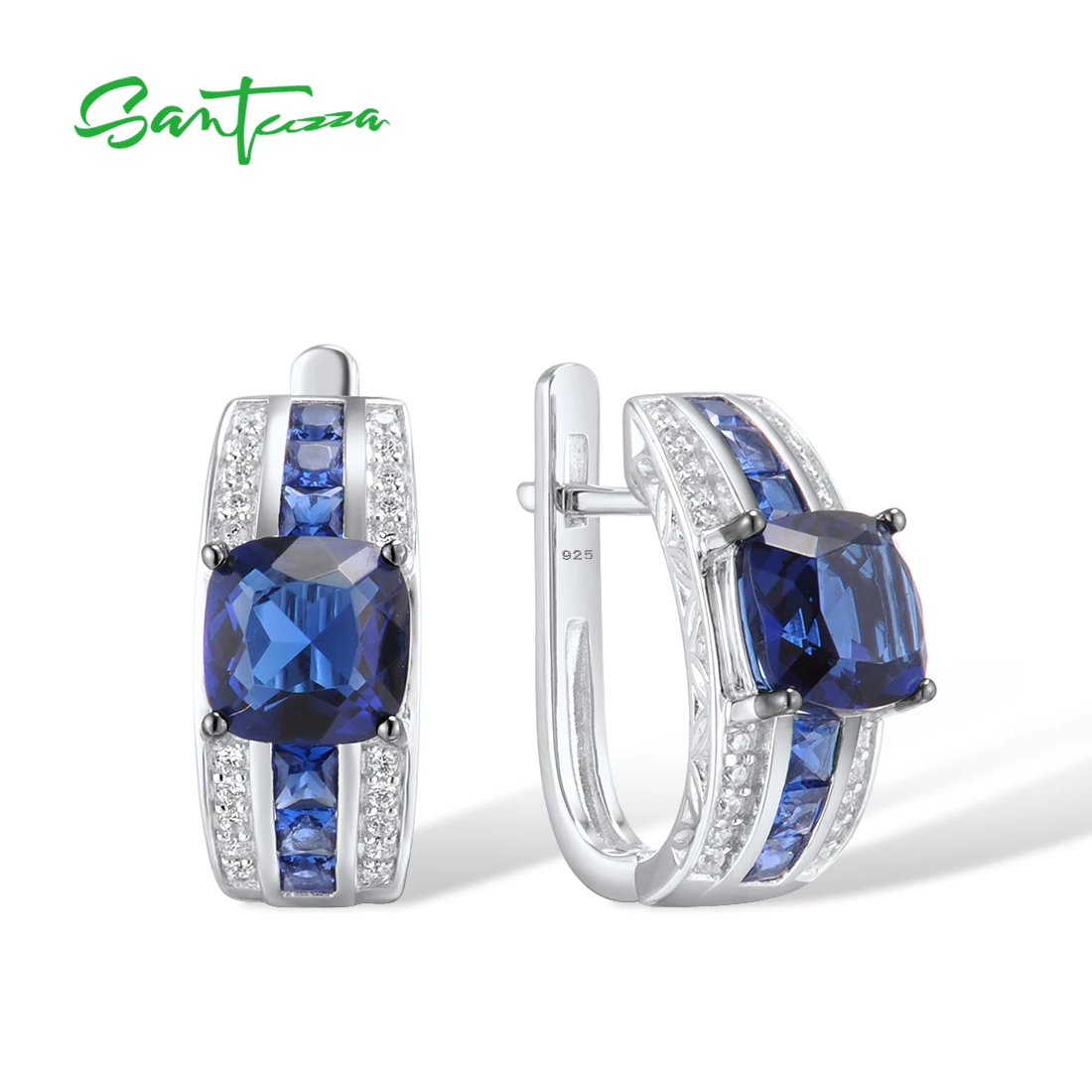 

SANTUZZA Pure 925 Sterling Silver Latch Back Earrings For Women Blue Glass Blue Nano /White CZ Classic Fine Fashion Jewelry