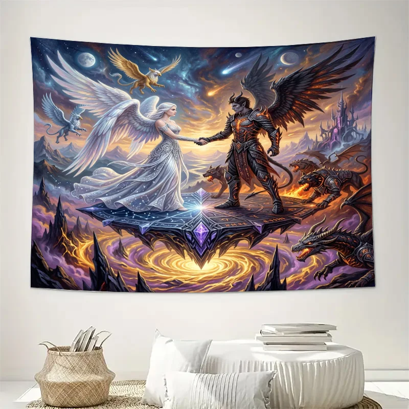 Epic Fantasy Tapestry Curtain Window Decoration Mythological Angel and Dragon Warrior Artwork Panel Home Aesthetic Decor