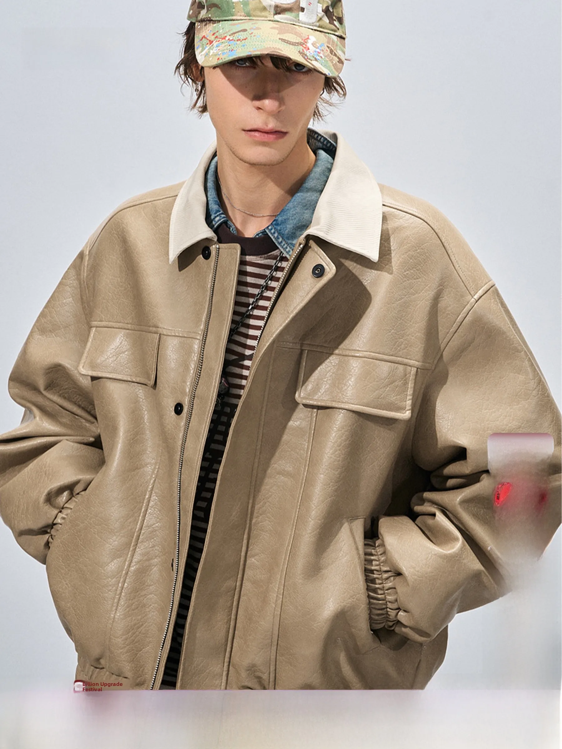 

Кожаная куртка BJHG в стиле ретро с воротником, мужская рабочая одежда, комбинированная короткая куртка, женская повседневная куртка на молнии, цветная, полиэстер...