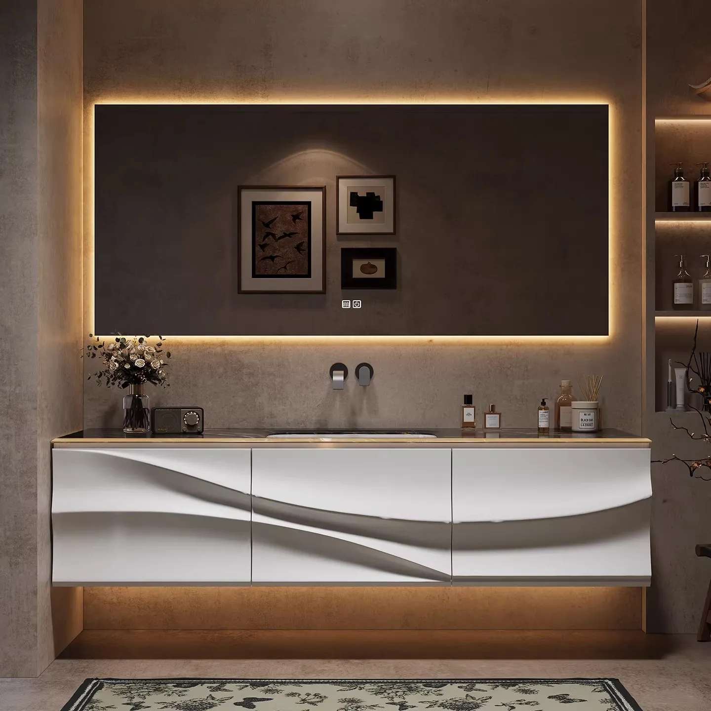 

Элитный современный комбинированный шкаф для ванной комнаты в стиле лайт-люкс с каменной столешницей, в стиле отеля, для умывальника