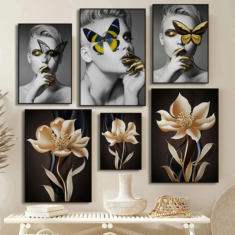Gold Flower Blonde Woman Portrait with Butterfly Canvas Painting Print Abstract Modern Wall Art for Living Room Home Decor