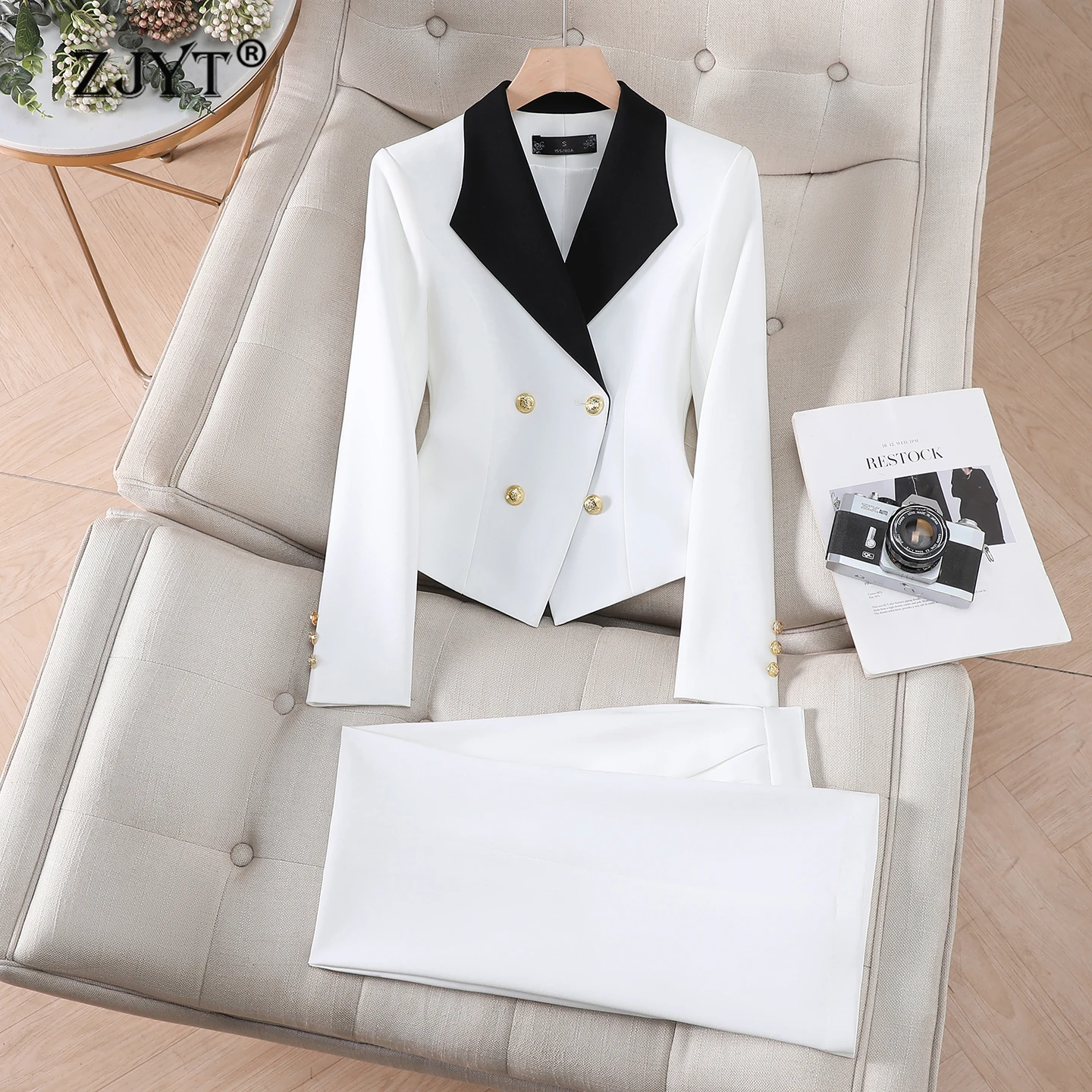 

Элегантный шикарный брючный костюм-двойка ZJYT для женщин, весна 2026, новый женский комплект: пиджак и брюки, белый, хаки, офисный стиль