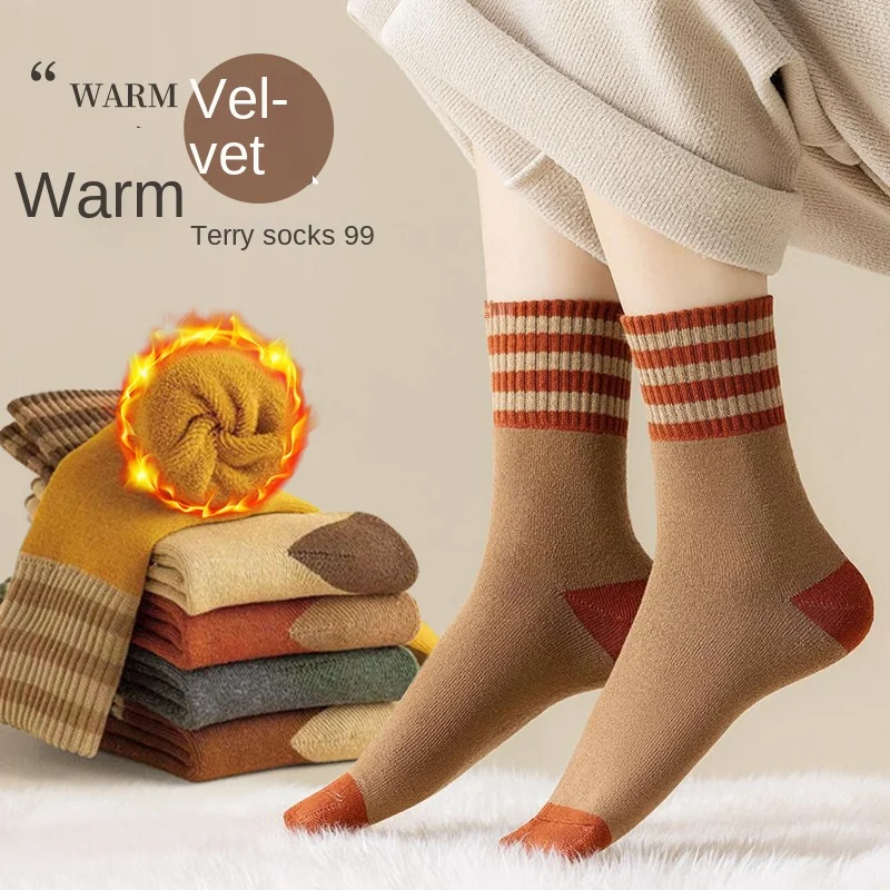 

Sock Leisure Athletic Sports Crew Dress Loop Women Autumn Winter Fleece Thickened mid-calf three-bar Warm Towel Warm Long B8W131