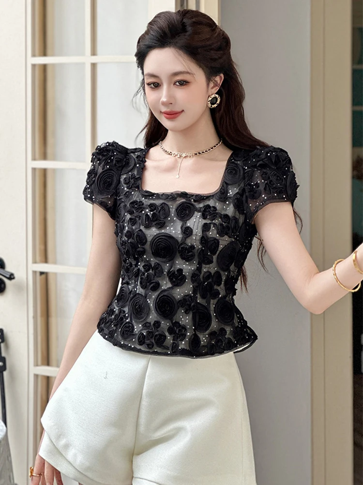 

Винтажные элегантные черные сетчатые топы с 3D цветочной вышивкой, женская блузка с короткими рукавами для вечеринок, женская клубная футболка с блестками и блестками