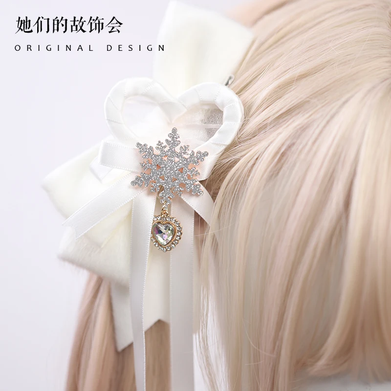 Lolita Original Winter White Snowflake Pair Clip Gentle Cute Hairball Double Ponytail Headgear Sweet Bow Fish Mouth Clip Hairpin