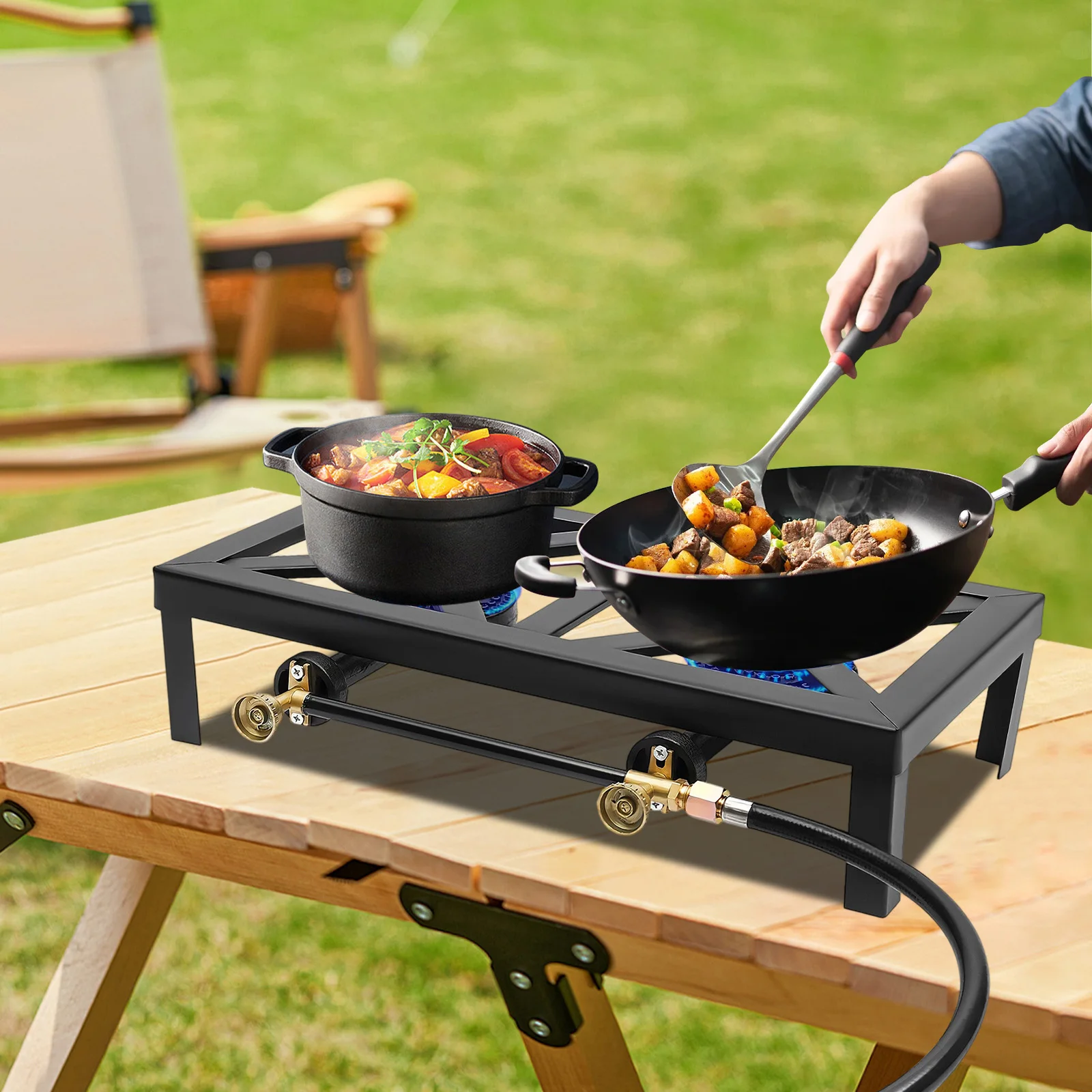 

6800W Camping Stove 2-Burner Gas Stove Propane Gas Cooker With 2 Simple Gas Control Knobs Outdoor 0-10Psi Pressure 3/8"