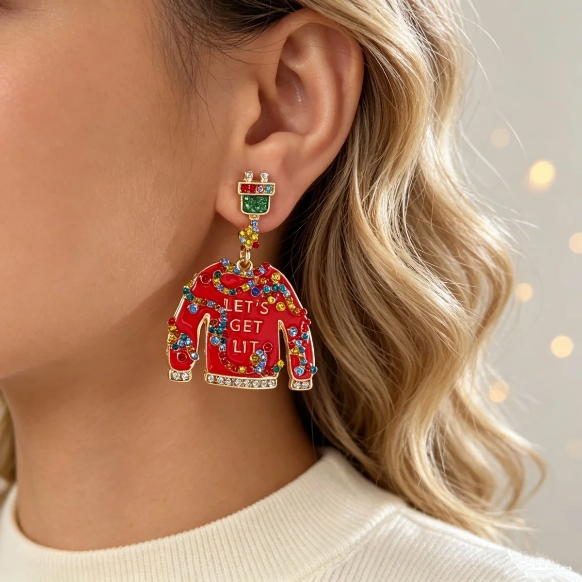 Bunte Strass-Weihnachtspullover-Geschenkbox-Ohrhänger für Damen, Weihnachts-Schneeflocken-, Schlittschuh-, Glühbirnen- und Haus-Ohrringe, Schmuck – Detail 8