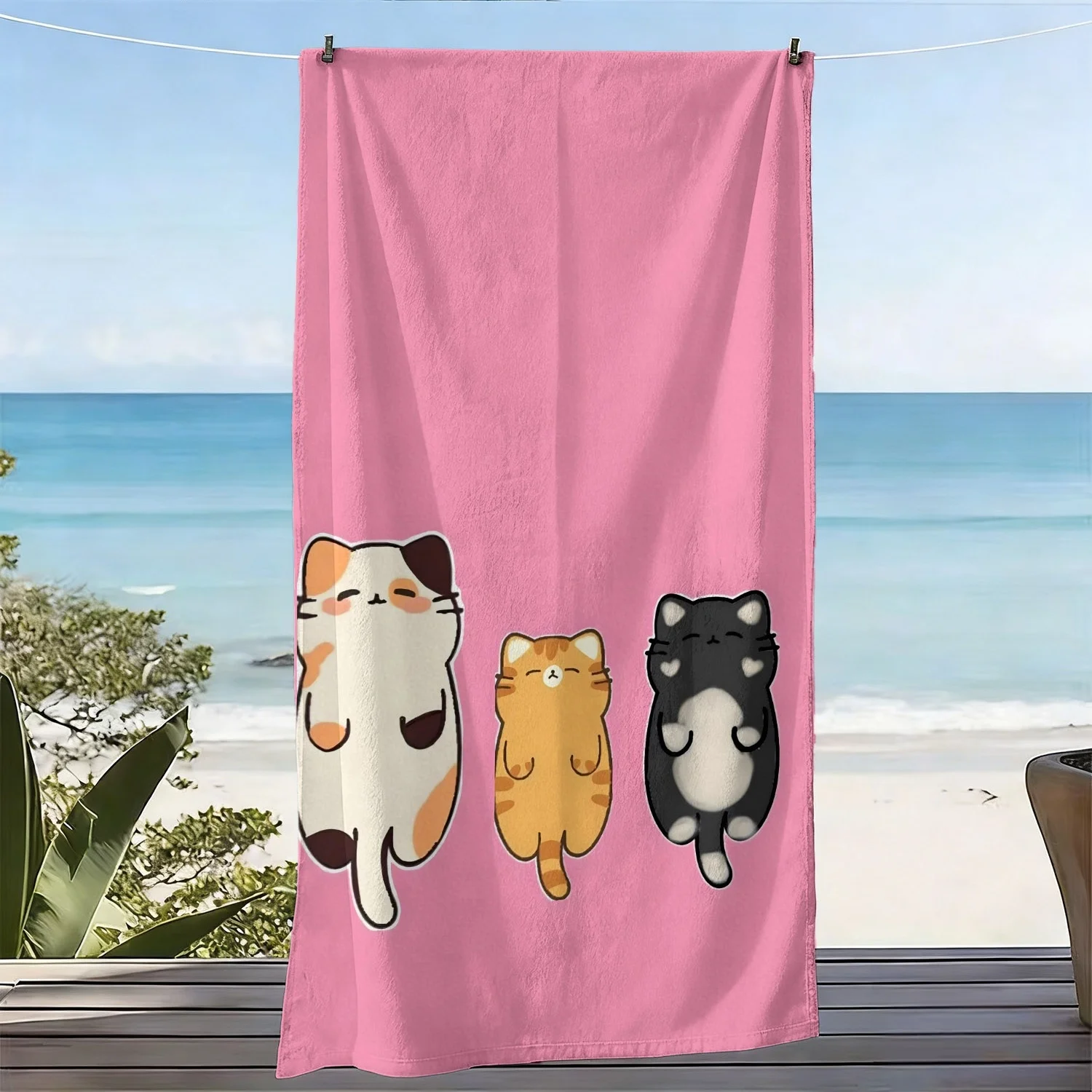 

Cute Three Cats Beach Towel, Lying Down Cat Print Oversized Bath Towel, Soft Quick Dry Cat Lover Summer Beach Blanket 1pcs