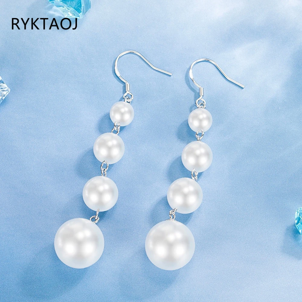 925 Sterling Silver Long Pearl Drop Earrings for Women Chunky Graduated White Pearls Hook Dangle Earrings Elegant Jewelry Gift