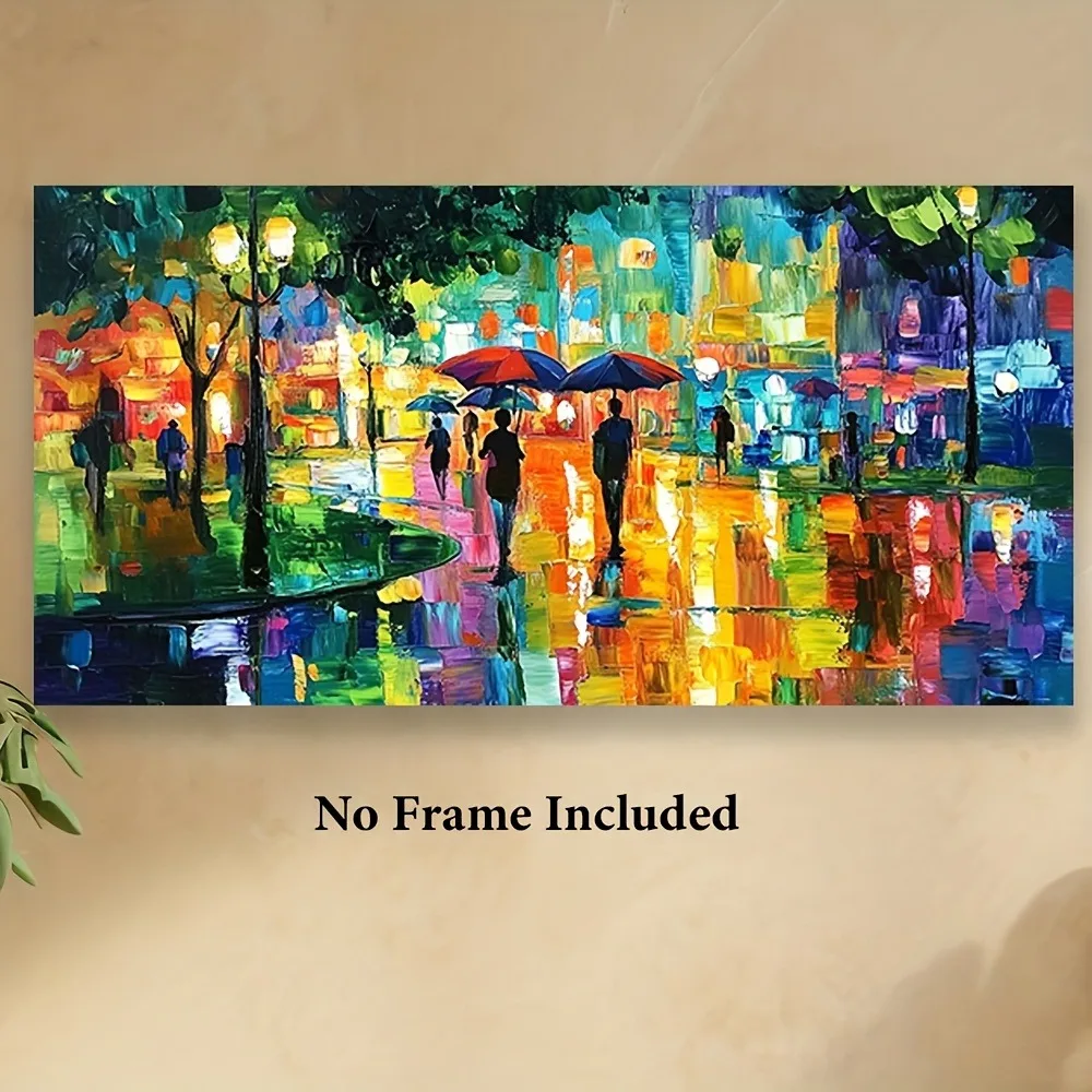 2Dflat Frameless Vibrant Urban Landscape Canvas Art, Modern Ink on Canvas Wall Decoration for Home and Office Decoration