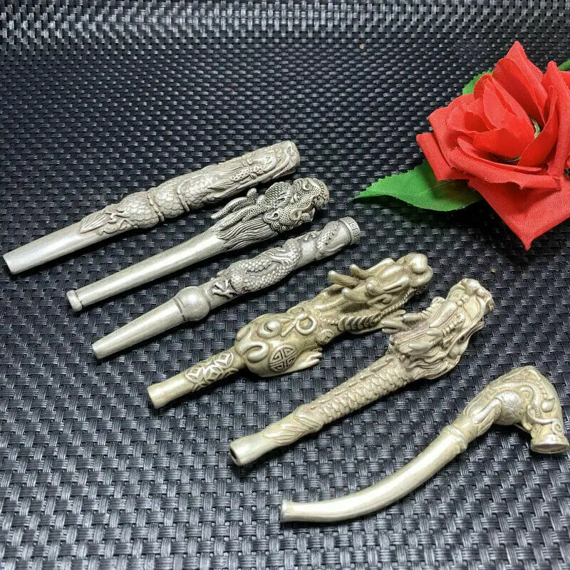 Tibetan Silver pipe Smoking Statue Sacred Dragon hand-made Tobacco rod 6pcs