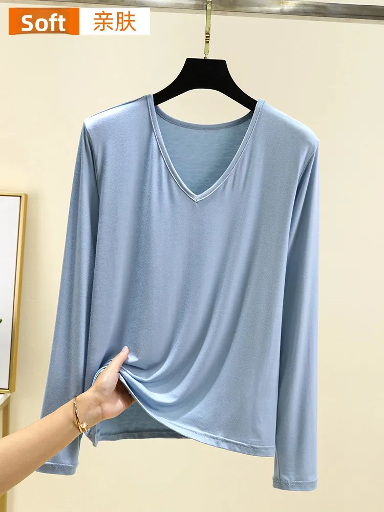 Modal longo sve camiseta feminina fina casual v-ne topo plus size emagrecimento base simples irt para o outono uso diário